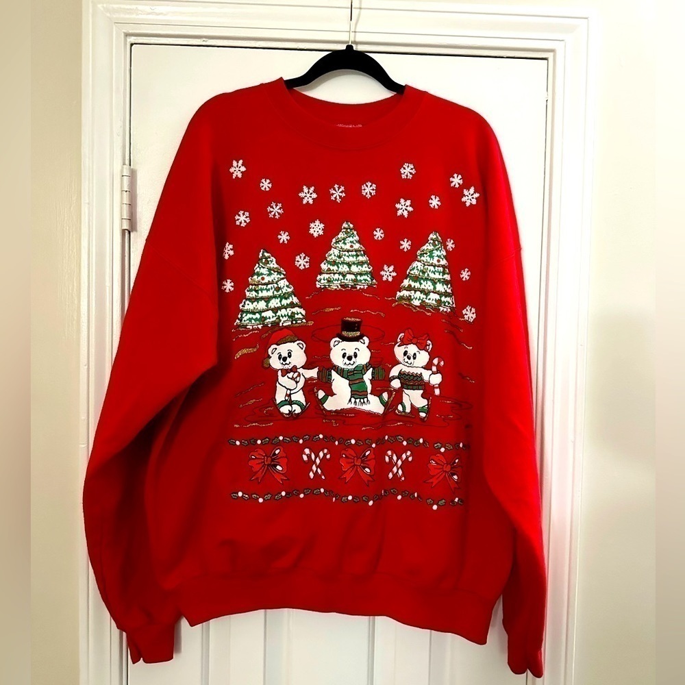 Vintage Cute Ugly Christmas Sweatshirt Holiday Bears Ice Skating - Unisex 2XL